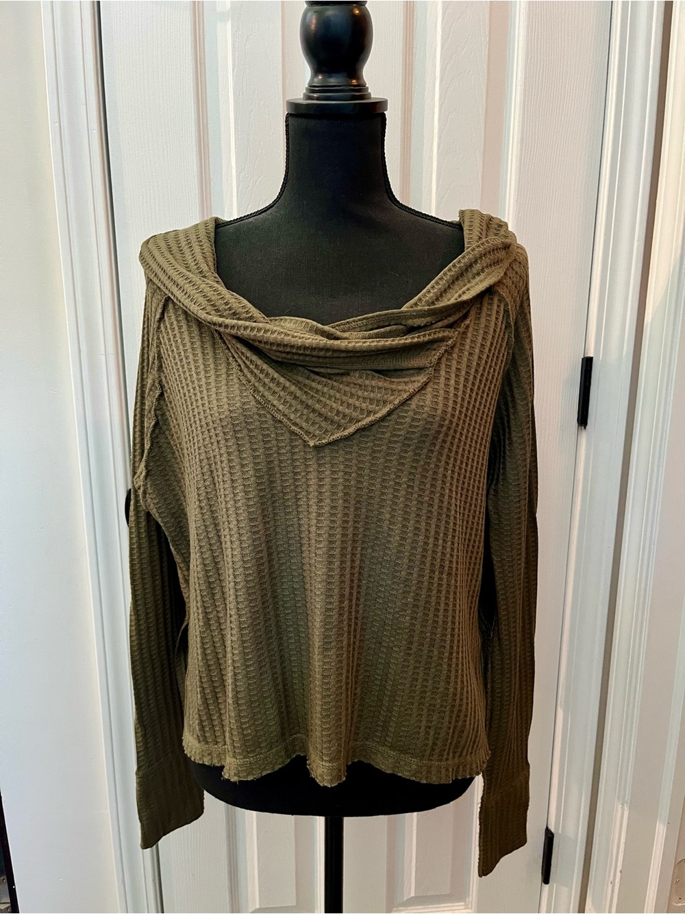 Free People. Size Small, Olive Waffle-Knit Cowl-Neck Sweater